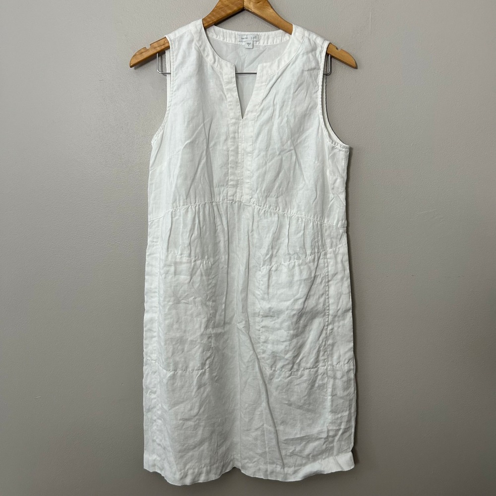 J Jill Linen Dress Womens Small White Sleeveless Shift Pockets Lagenlook Coastal